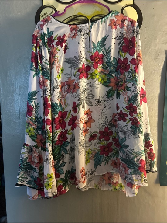 Worthington Tops - Worthington White Floral Off-Shoulder Blouse with Pink and Green Accents